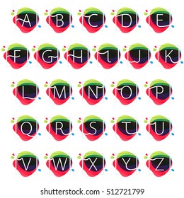 Alphabet logos in square frame at multicolor splash background. Vector watercolor elements for posters, t-shirts and cards.