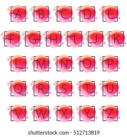 Alphabet logos in square frame at pink watercolor background. Happy Valentines Day design elements.