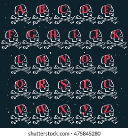 Alphabet logos in vintage style skull. Vector design for banner, flag, t-shirt, labels or posters.