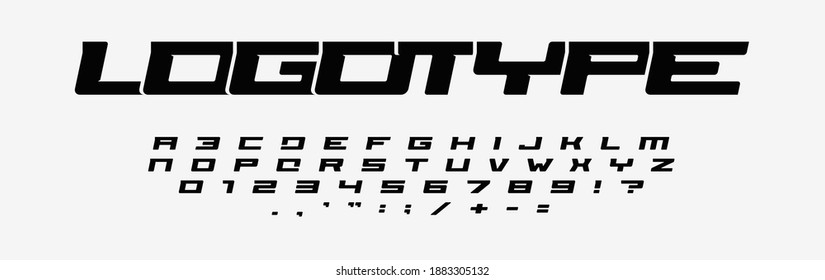 Alphabet for logos. Wide letters, numbers and punctuation marks. Italic font, minimal design for modern sport logo, speed race and car title. Extended style, vector typographic design