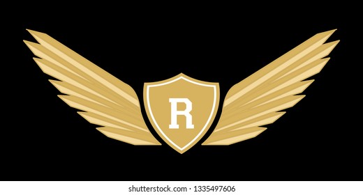 Alphabet logotype, letter R, initial R with shield and wing logo design inspiration, clip art vector