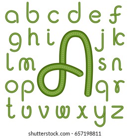 Alphabet. Lower case letters made from green snakes. Handwritten font. Vector illustration
