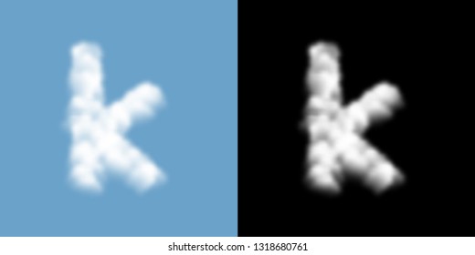 Alphabet lowercase set letter k, Cloud or smoke pattern, illustration isolated float on blue sky background, with opacity mask, vector eps 10