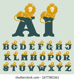 Alphabet with lying lion. Vector serif font perfect for premium labels, vintage posters and real estate identity, etc.