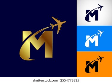 Alphabet M with airplane. Travel icon. Aviation logo sign, Flying symbol. Flight icon in multiple color variation