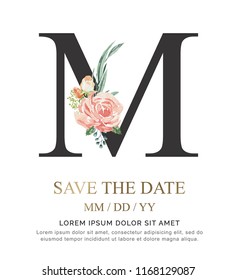 Alphabet M flower font made of paint floral and leaf watercolor on paper. Vector Hand Drawn letter M paint luxury design. Sweet collection for wedding invites decoration card and other concept ideas.