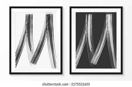Alfabeto "M" dibujado a mano, Pincel abstracto de pintura en blanco y negro sobre papel con marco de madera negra. ilustración vectorial.