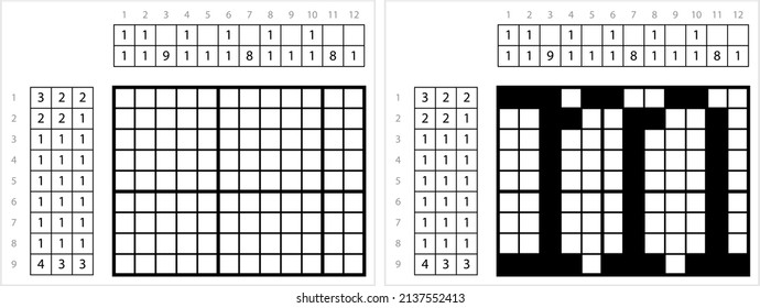Alphabet M Lowercase Nonogram Pixel Art, Character M, Language Letter Graphemes Symbol Vector Art Illustration, Logic Puzzle Game Griddlers, Pic-A-Pix, Picture Paint By Numbers, Picross