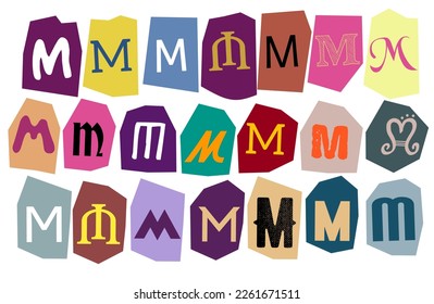 Alphabet M- vector cut newspaper and magazine letters, paper style ransom note letter