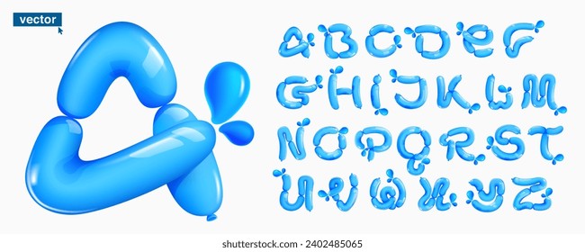 Alphabet made of blue clear water and dew drops. Eco-friendly realistic 3D twisted balloons. Vector elements in plastic cartoon style. Perfect for pure nature banner, healthy filter labels.