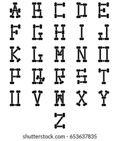 Alphabet made of bones. Black silhouettes. Vector illustration.