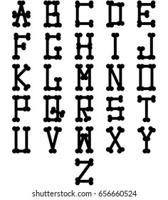 Alphabet made of bones. Black silhouettes. Vector illustration.