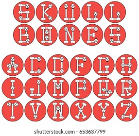 Alphabet made of bones and skulls. Vector illustration in flat style.
