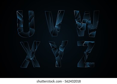 Alphabet made of broken glass. Abstract shards on a dark background. A-F. Vector illustration