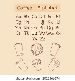 Alphabet made from coffee beans. Characters made from coffee beans. Coffee cups and mugs collection. Letters for coffee shop