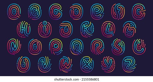 Alphabet made of fingerprint. Multicolor line icons set with vivid gradients and shine. Perfect for online payment art, biometric design, nightlife advertising, digital packaging, modern identity.