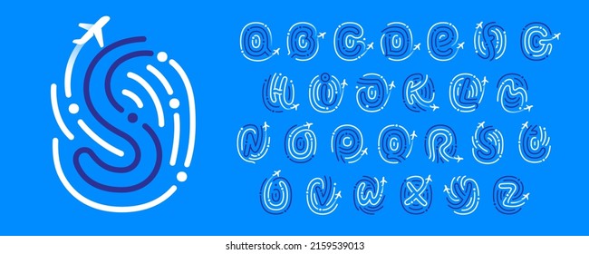 Alphabet made of fingerprint with plane and airplane trail. Blue and white line logo. Vector typeface for travel labels, tourism headlines, journey posters, aviation cards etc.