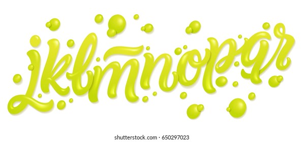 Alphabet made of fresh natural lime juices isolated on white. 3d font set with letters j, k, l, m, n, o, p, q, r. Liquid letters for logo. Tropical typeface. Vector illustration made of water.