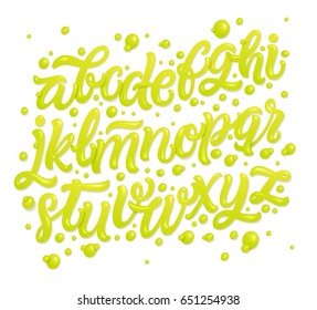 Alphabet made of fresh natural lime juices isolated on white background. Tropical typeface. 