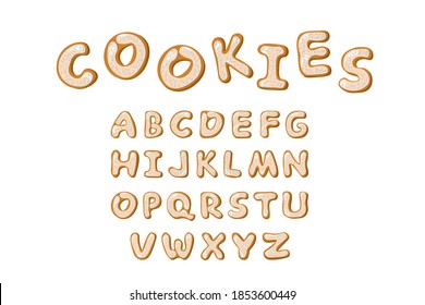 Alphabet made of gingerbread cookies isolated on white background. Merry Christmas and Happy New Year numbers are covered with icy sugar. Holidays gingerbread cookie. Vector illustration