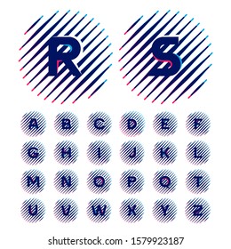 Alphabet made up of letters on sloping fast speed lines inside a circle. Vector elements for sportswear, t-shirt, banner, car, labels or posters.