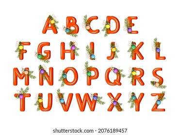 Alphabet made of red letters with green Christmas tree branch, ball and bow. Festive font, symbol of Happy New Year and Christmas, sign and figure of different shapes