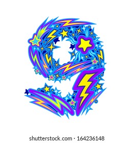 Alphabet made of stars and lightning. Numbers