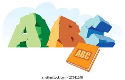 Alphabet made of stone, single word ABC and book. Vector illustration.