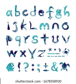 Alphabet. Made With The Usage Of Watercolor Abstract Stain. Letters Have Wildlife Sea Animals Shape.