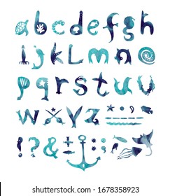 Alphabet. Made with the usage of watercolor abstract stain. Letters have wildlife sea animals shape.