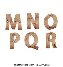 Alphabet made of wood bars connected with metal plates