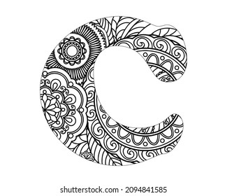 Alphabet mandala pattern, Mandala Style Letters C, Alphabet letter coloring book for adults vector illustration