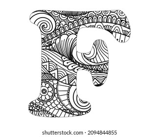 Alphabet mandala pattern, Mandala Style Letters F, Alphabet letter coloring book for adults vector illustration
