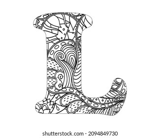 Alphabet mandala pattern, Mandala Style Letters L, Alphabet letter coloring book for adults vector illustration
