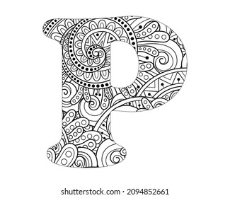 Alphabet mandala pattern, Mandala Style Letters P, Alphabet letter coloring book for adults vector illustration