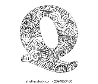 Alphabet mandala pattern, Mandala Style Letters Q, Alphabet letter coloring book for adults vector illustration