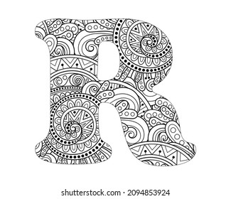Alphabet mandala pattern, Mandala Style Letters R, Alphabet letter coloring book for adults vector illustration