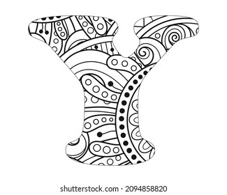 Alphabet mandala pattern, Mandala Style Letters Y, Alphabet letter coloring book for adults vector illustration