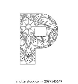 Alphabet Mandala, Mandala style letter, Alphabet letter coloring page for adults and kids, illustration 