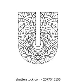 Alphabet Mandala, Mandala style letter, Alphabet letter coloring page for adults and kids, illustration 