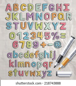 Alphabet Marker Colorful Doodle Font Style. Vector Illustration.