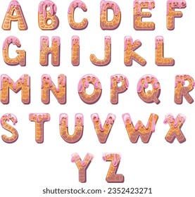 Material alfabético en forma de pan de jengibre con hielo y atmósfera divertida. Alegre, multicolor, brillante, alfabeto infantil. Letras de colores. Ilustración vectorial. Conjunto de letras del inglés