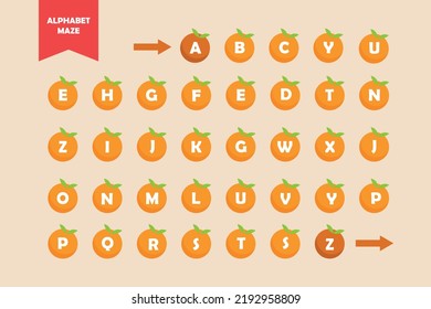 Alphabet maze for children from A-Z. Kids puzzle concept. Flat vector illustration isolated.
