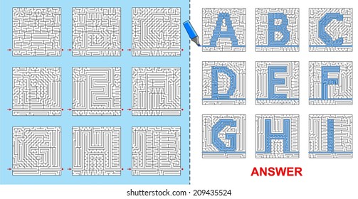 Alphabet maze for kids - A, B, C, D, E, F, G, H, I. If you will fill the path through the labyrinth, you will see letters of the alphabet as a surprise.