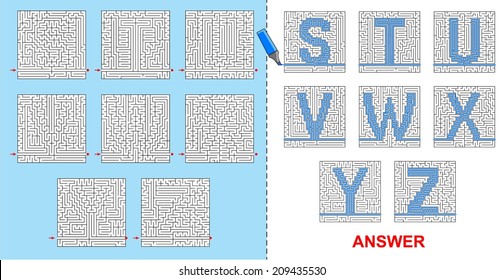 Alphabet maze for kids - S, T, U, V, W, X, Y, Z. If you will fill the path through the labyrinth, you will see letters of the alphabet as a surprise.