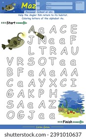 Alphabet Maze pages and learning the alphabet Aa with cute cartoons. Angler fish cartoon. Educational game for children. fun activities for children to play and learn.