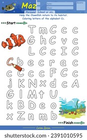 Alfa Maze páginas y aprendiendo el alfabeto Cc con tiras cómicas. Caricatura de pez globo. Juego educativo para niños. actividades divertidas para que los niños jueguen y aprendan.