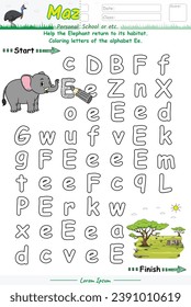 Alphabet Maze pages and learning the alphabet Ee with cute cartoons. Elephant cartoon. Educational game for children. fun activities for children to play and learn.