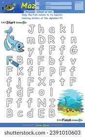 Alphabet Maze pages and learning the alphabet Ff with cute cartoons. Fish cartoon. Educational game for children. fun activities for children to play and learn.