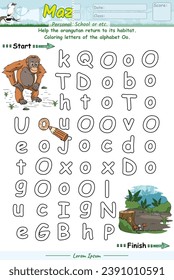 Alfa Maze páginas y aprendiendo el alfabeto Oo con tiras cómicas. Caricatura de Orangutan. Juego educativo para niños. actividades divertidas para que los niños jueguen y aprendan.